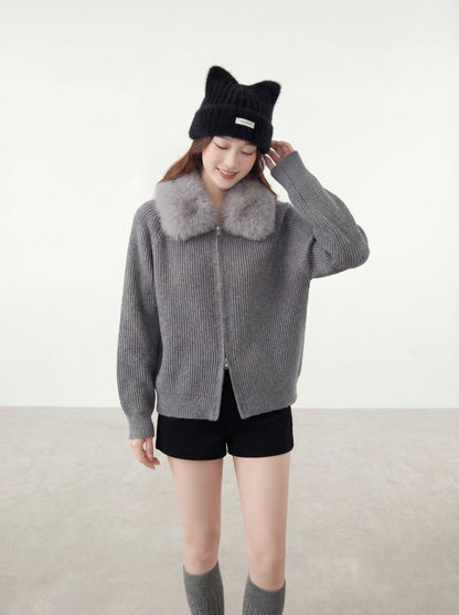 連帽大毛領雙拉鏈開衫