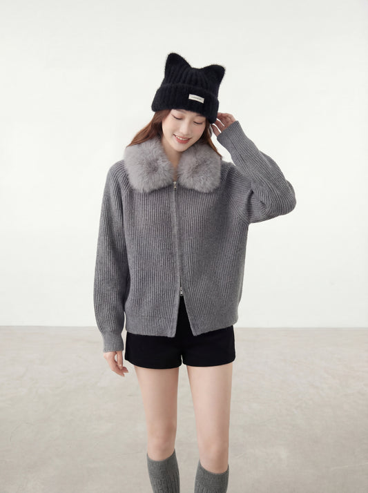 連帽大毛領雙拉鏈開衫