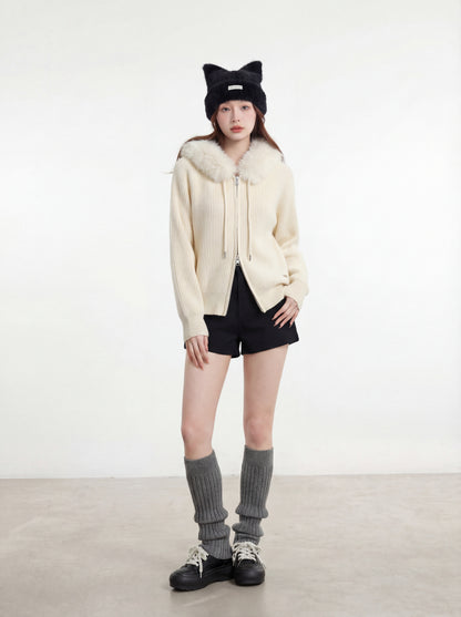 連帽大毛領雙拉鏈開衫