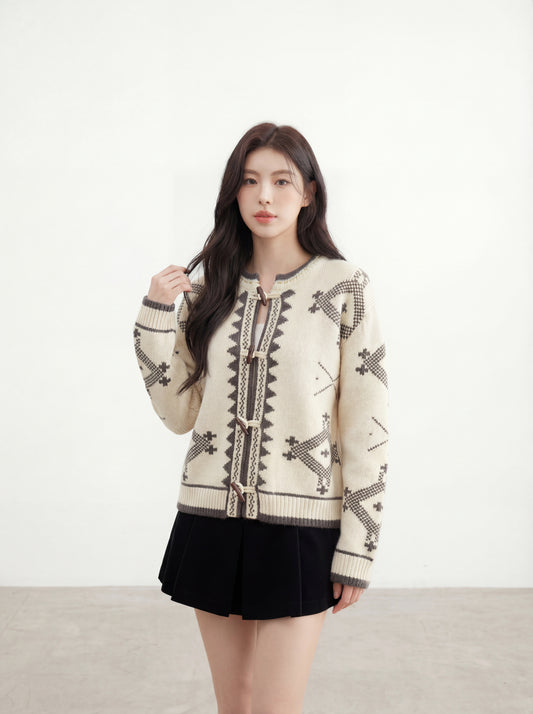 復古休閒費爾島提花牛角扣毛衣