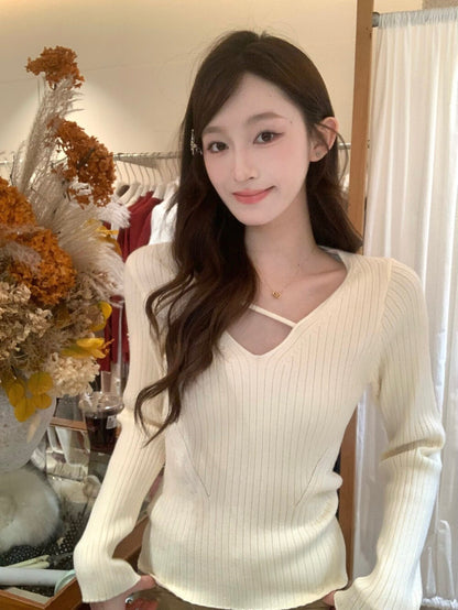純欲V領掐腰打底針織衫