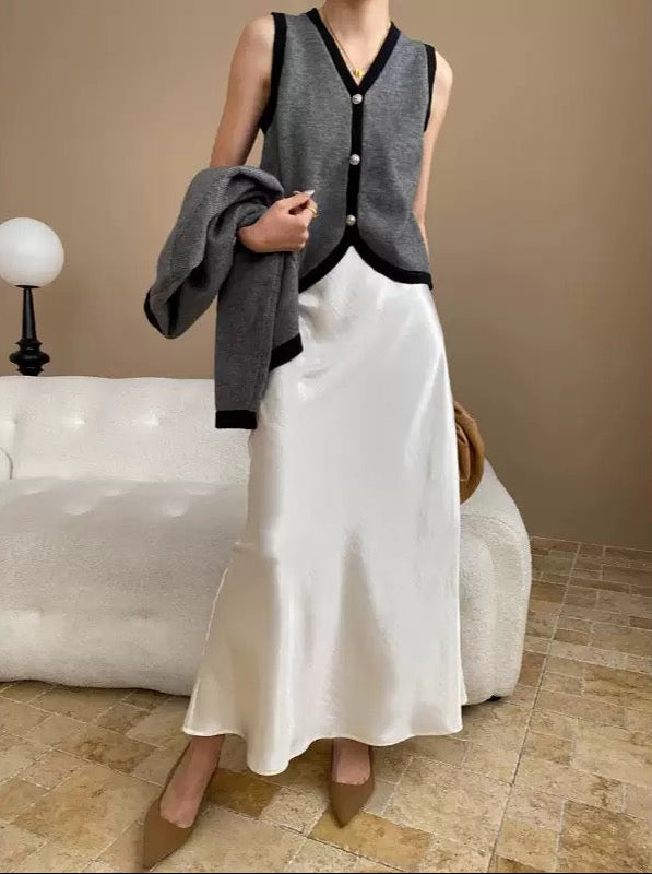 French Satin High-Waisted A-Line Midi Skirt