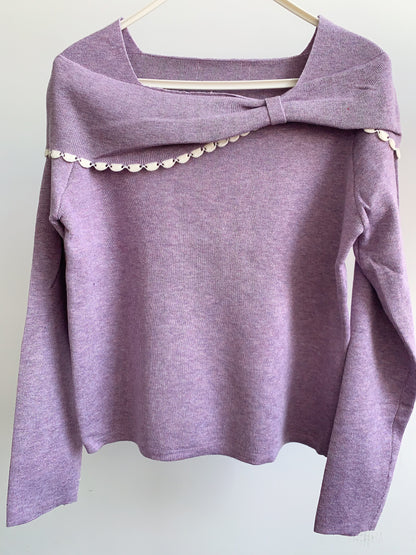 韓風一字肩蝴蝶結針織上衣