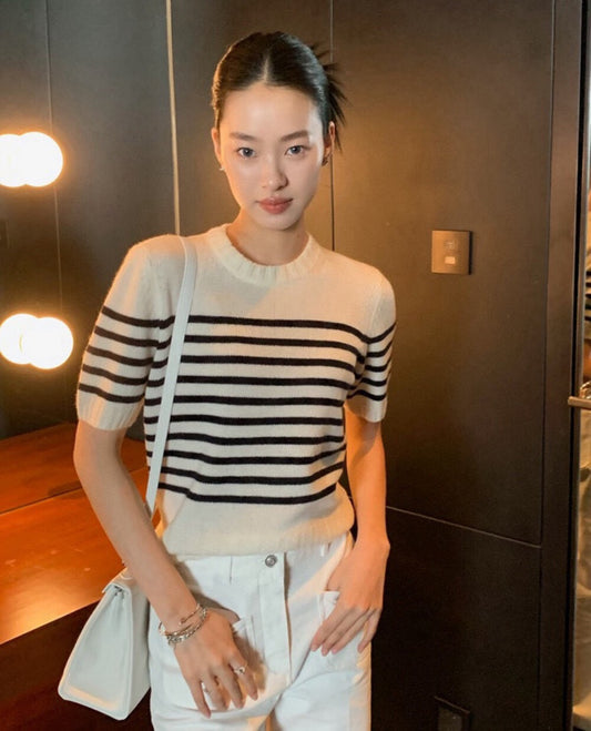 經典優雅條紋圓領短袖上衣