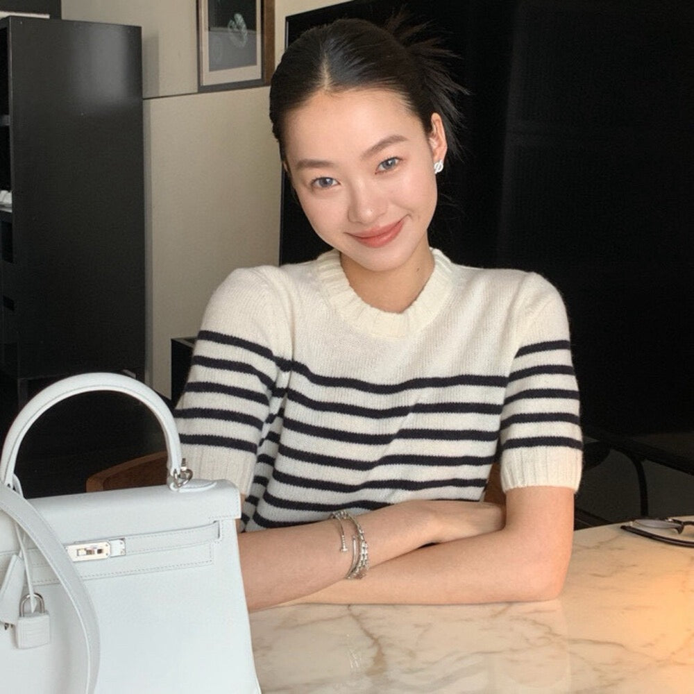 經典優雅條紋圓領短袖上衣