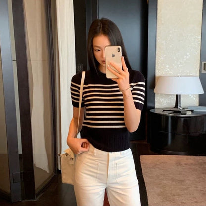 經典優雅條紋圓領短袖上衣