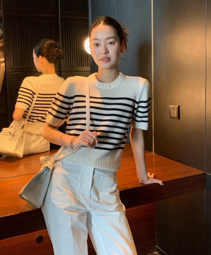 經典優雅條紋圓領短袖上衣