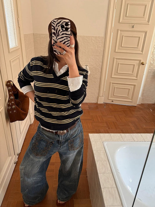 復古翻領條紋寬鬆長袖上衣