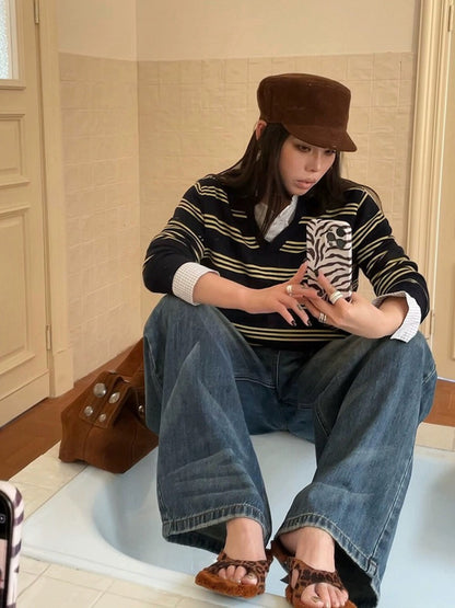 復古翻領條紋寬鬆長袖上衣