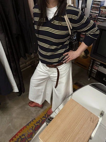 復古翻領條紋寬鬆長袖上衣