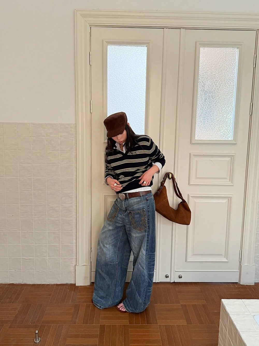 復古翻領條紋寬鬆長袖上衣