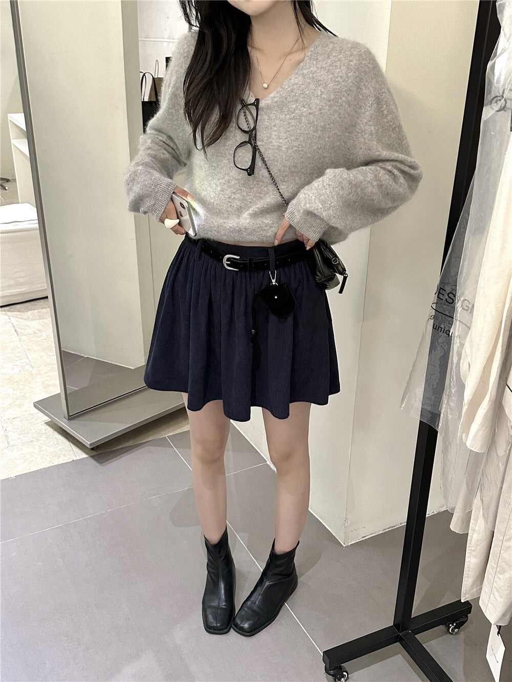 Heavy-duty Corduroy Skirt with Elastic Waistband (Includes Belt)