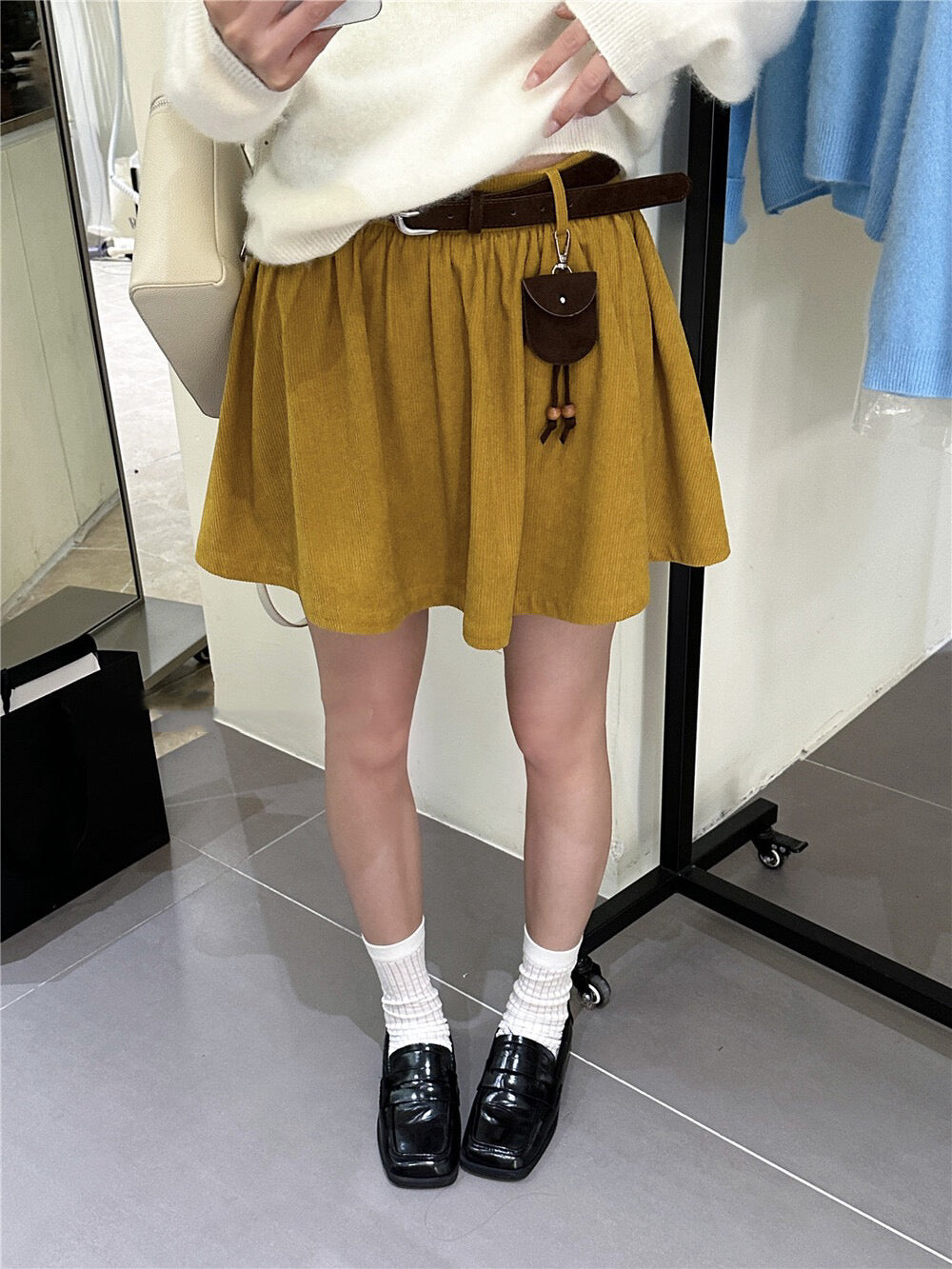 Heavy-duty Corduroy Skirt with Elastic Waistband (Includes Belt)