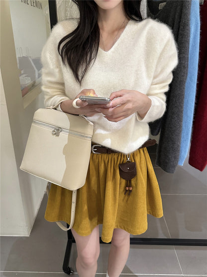 Heavy-duty Corduroy Skirt with Elastic Waistband (Includes Belt)