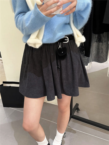 Heavy-duty Corduroy Skirt with Elastic Waistband (Includes Belt)