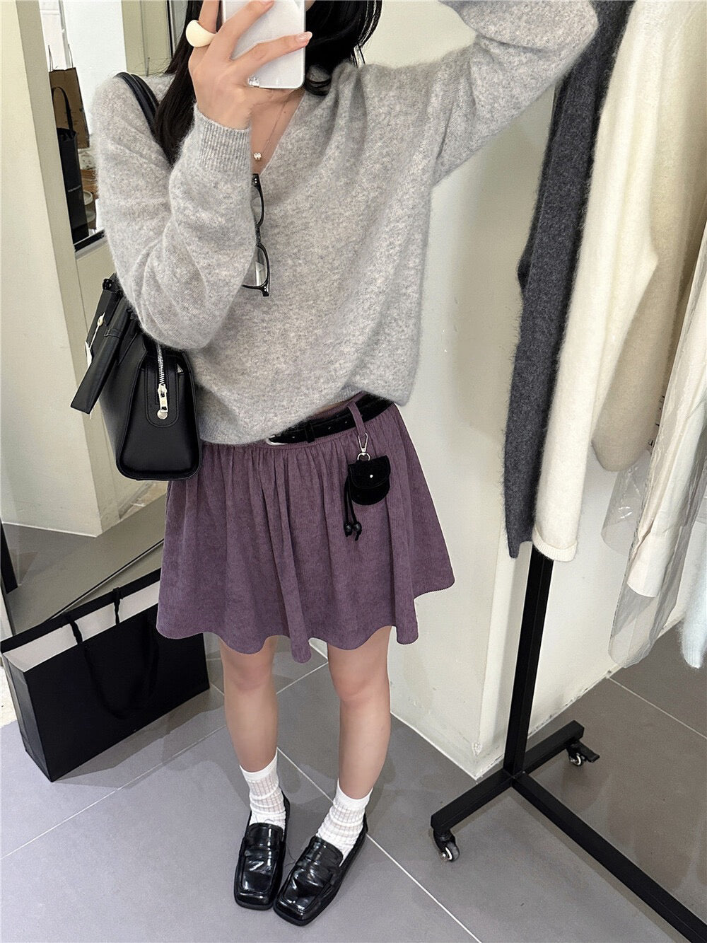 Heavy-duty Corduroy Skirt with Elastic Waistband (Includes Belt)