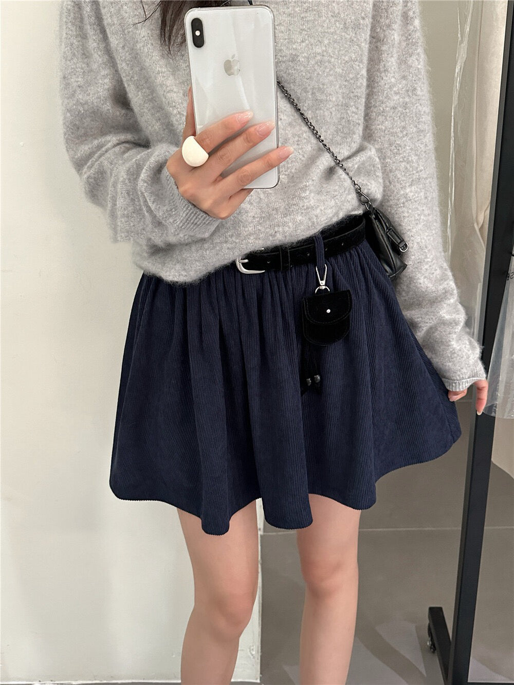 Heavy-duty Corduroy Skirt with Elastic Waistband (Includes Belt)