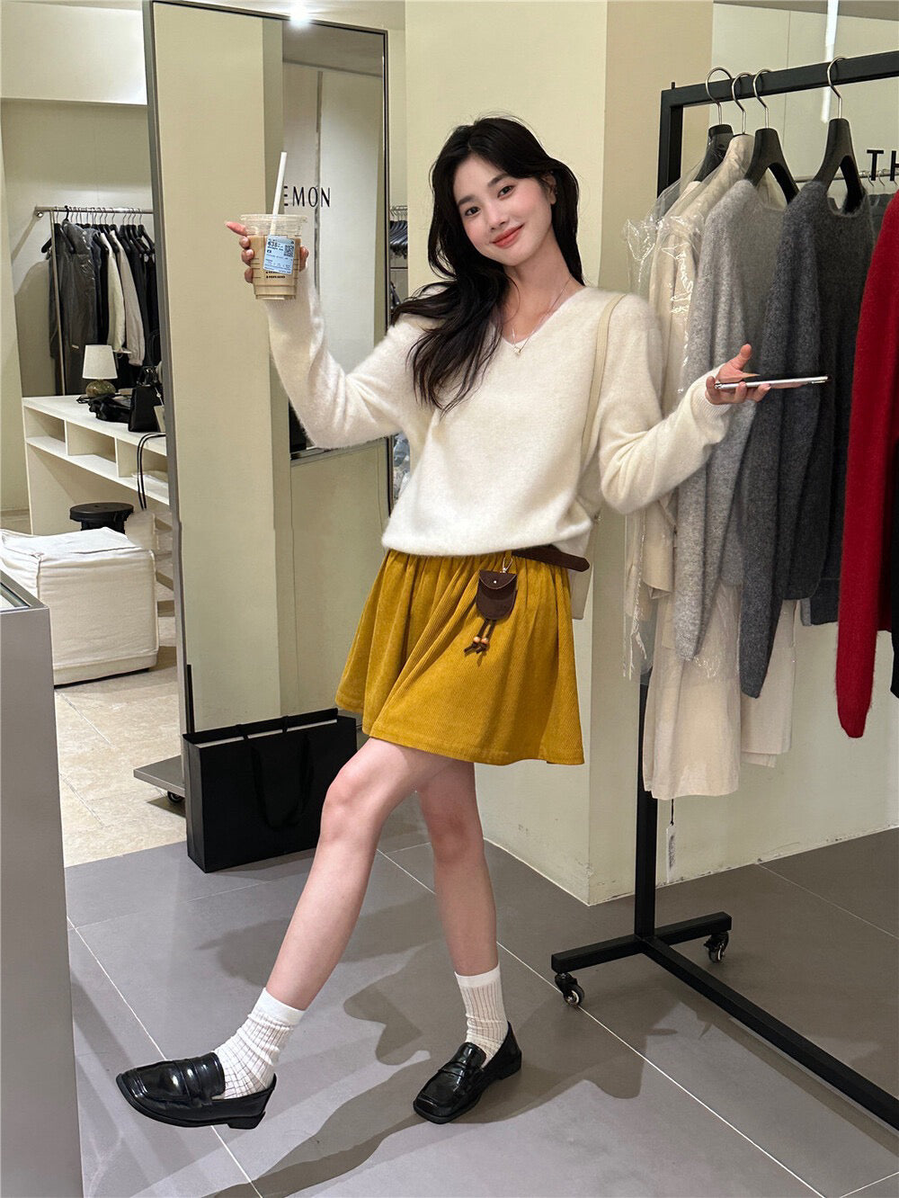 Heavy-duty Corduroy Skirt with Elastic Waistband (Includes Belt)