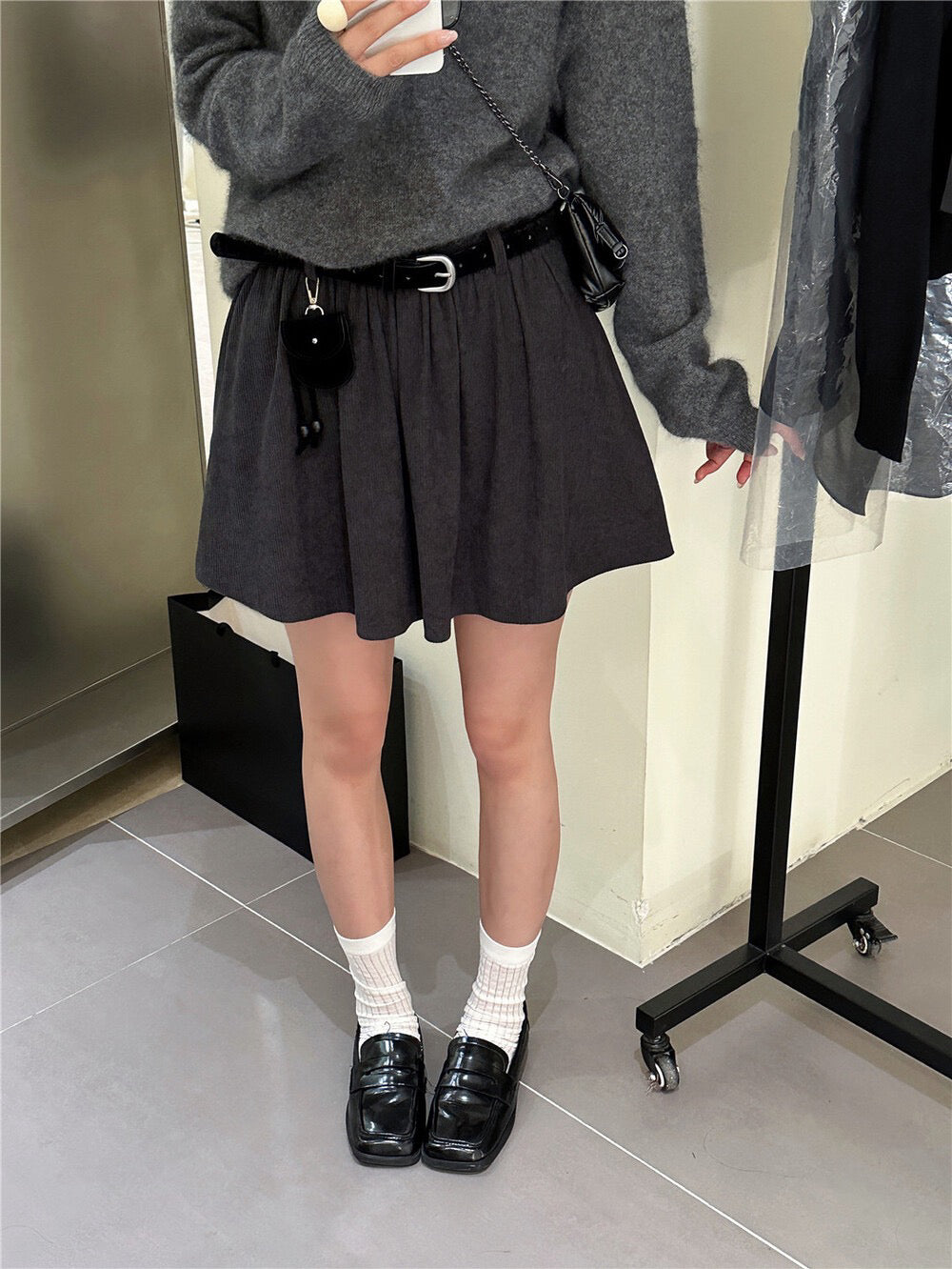 Heavy-duty Corduroy Skirt with Elastic Waistband (Includes Belt)