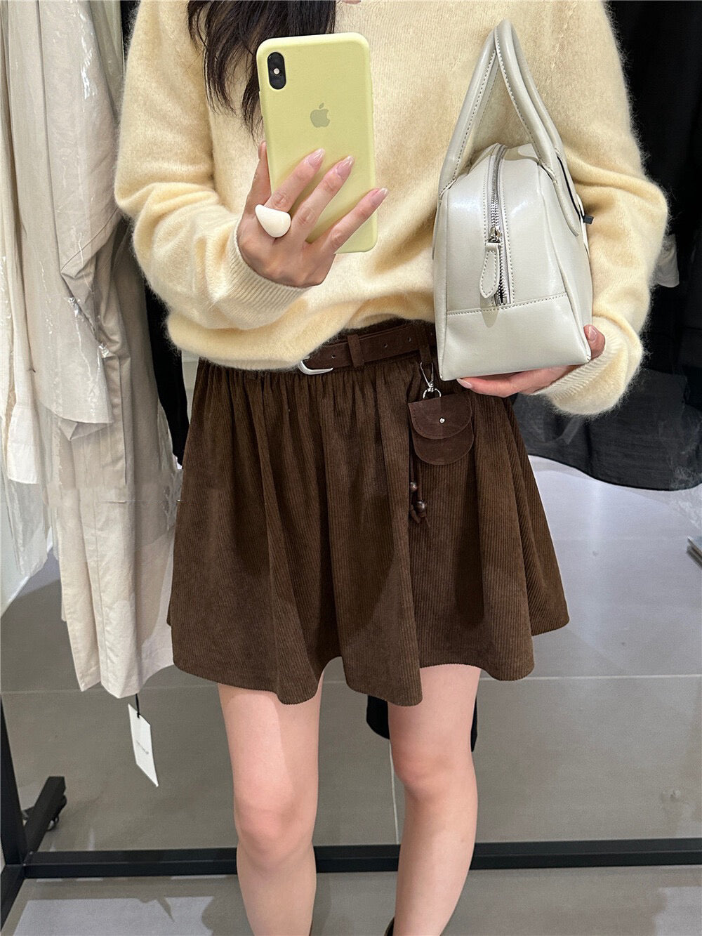 Heavy-duty Corduroy Skirt with Elastic Waistband (Includes Belt)