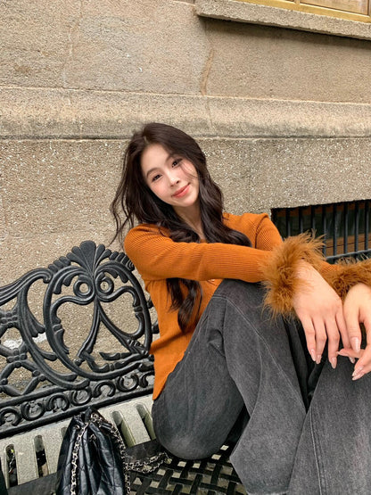 蕾絲V領毛毛袖針織衫