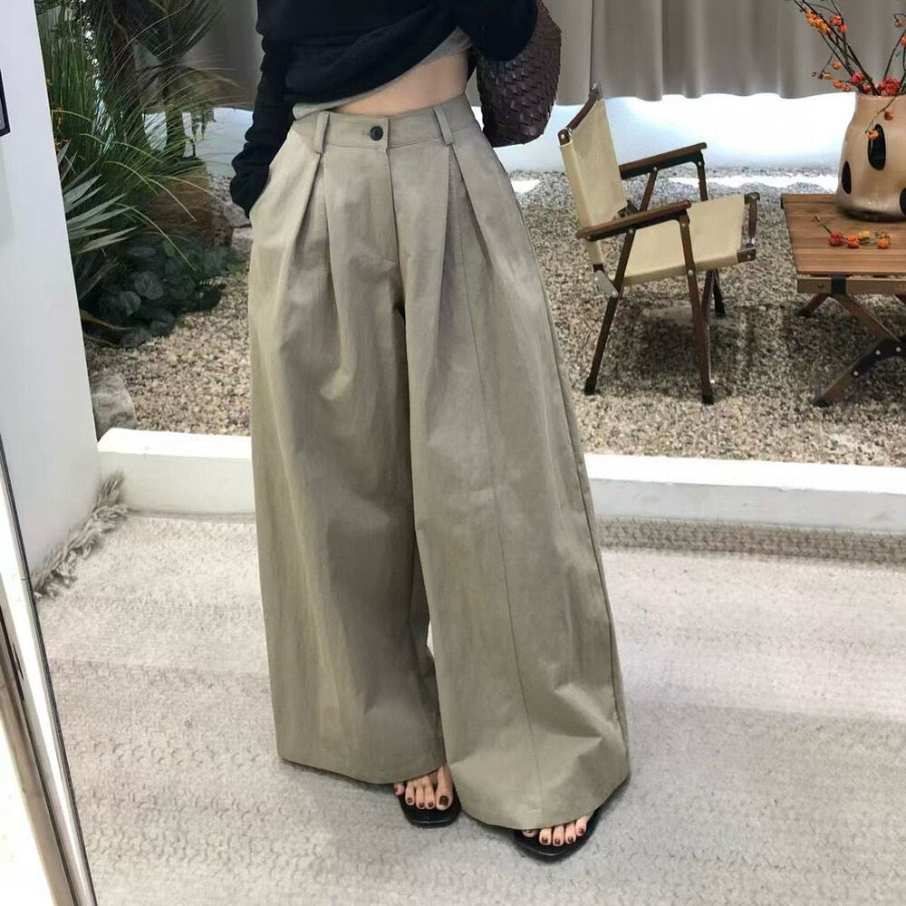 ルーズフィットプリーツワイドレッグカジュアルパンツ