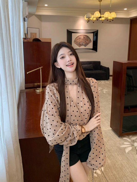 復古飄帶長袖波點小眾寬鬆上衣