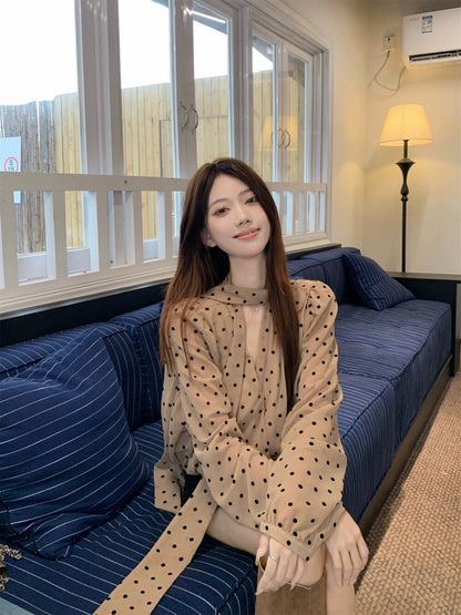 復古飄帶長袖波點小眾寬鬆上衣