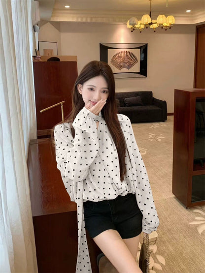 復古飄帶長袖波點小眾寬鬆上衣