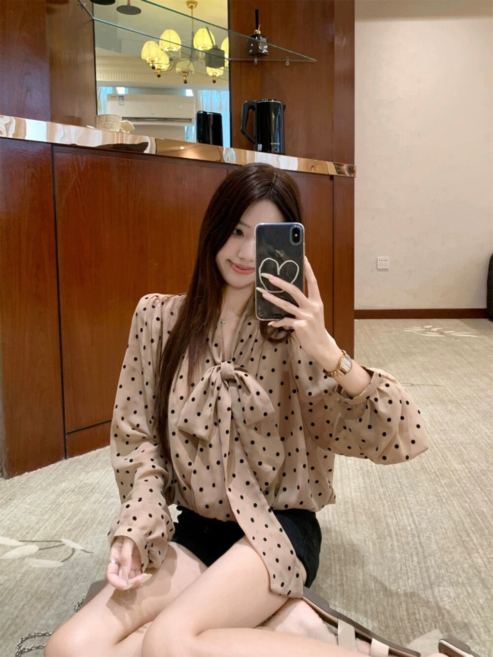 復古飄帶長袖波點小眾寬鬆上衣