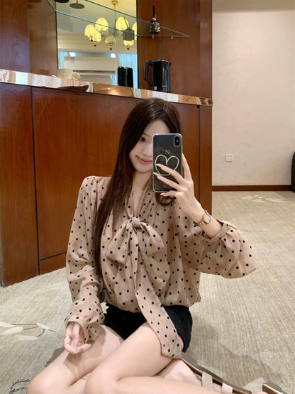 復古飄帶長袖波點小眾寬鬆上衣