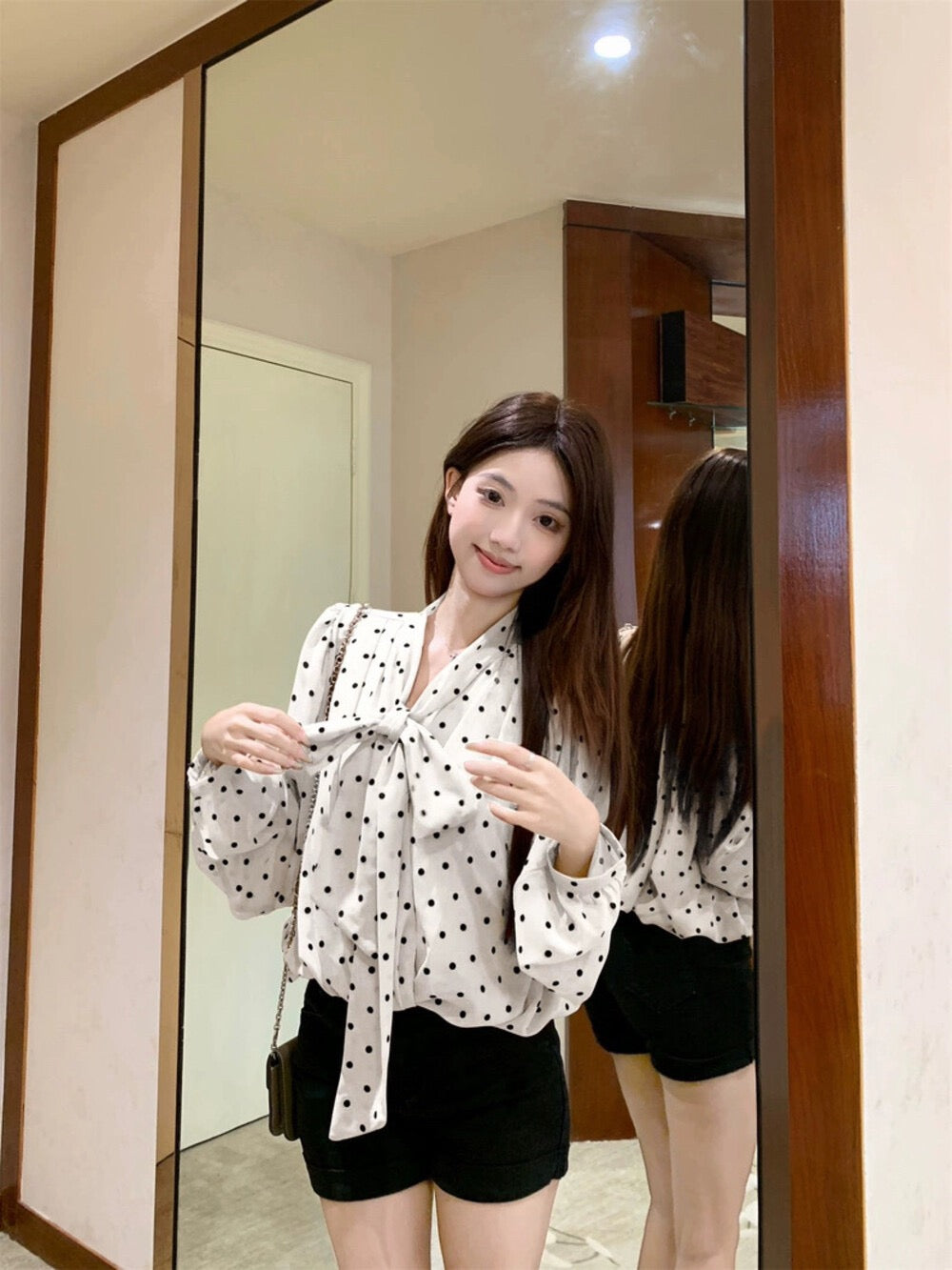 復古飄帶長袖波點小眾寬鬆上衣