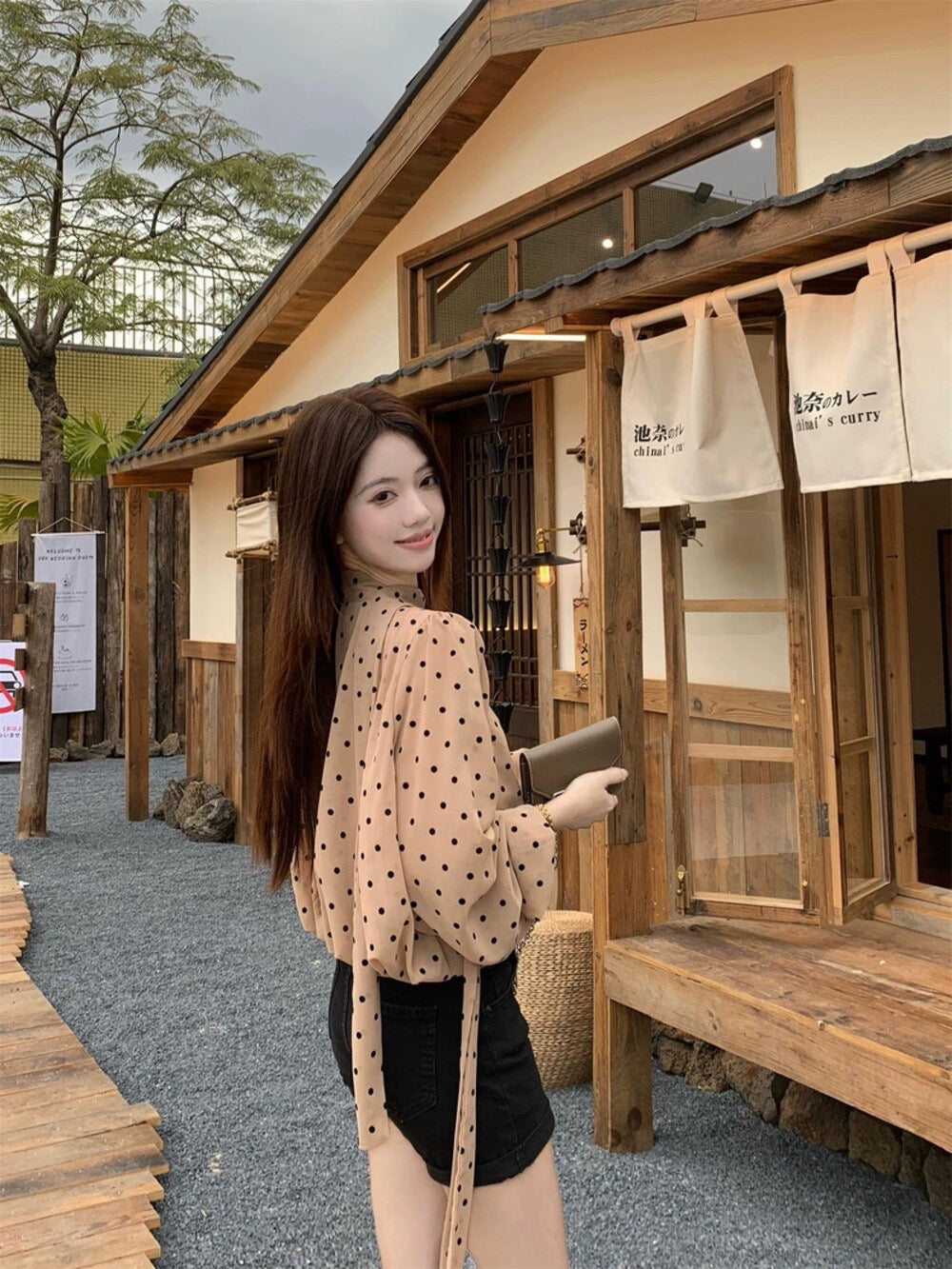 復古飄帶長袖波點小眾寬鬆上衣