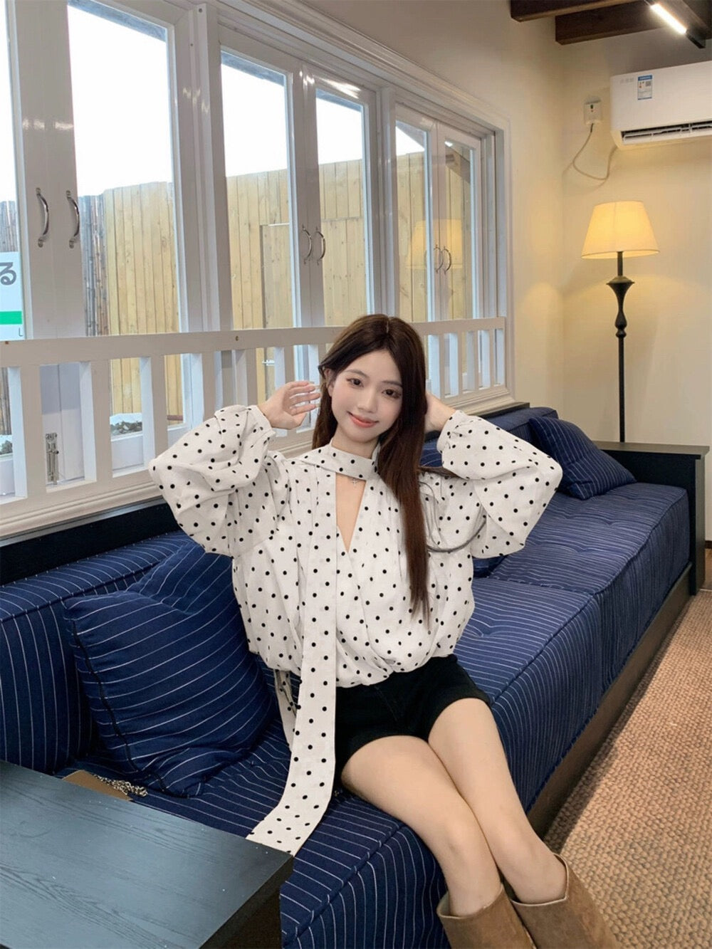 復古飄帶長袖波點小眾寬鬆上衣