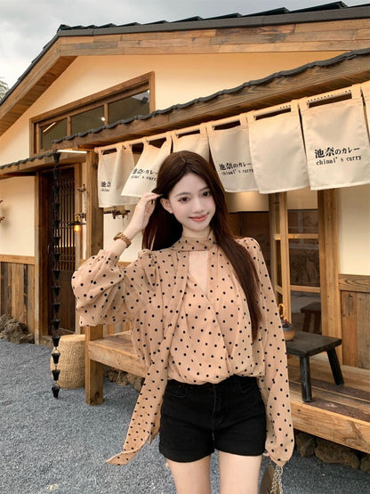 復古飄帶長袖波點小眾寬鬆上衣