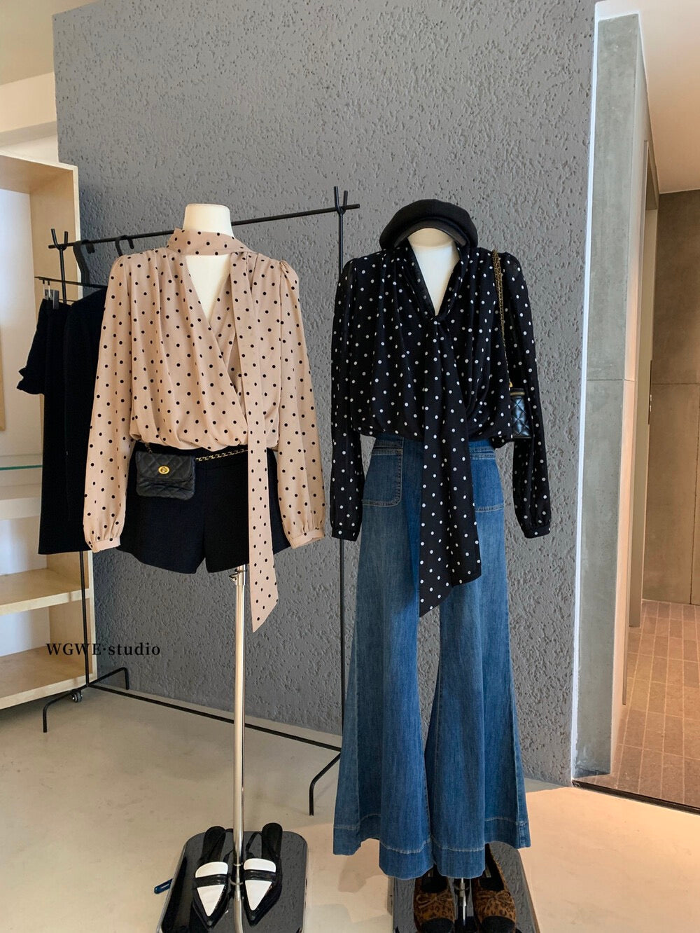 復古飄帶長袖波點小眾寬鬆上衣