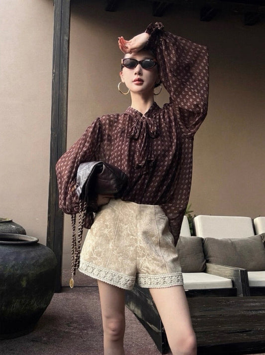 法式復古波點飄帶高級感顯瘦小衫