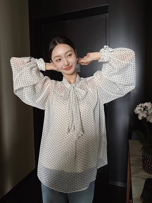 法式復古波點飄帶高級感顯瘦小衫