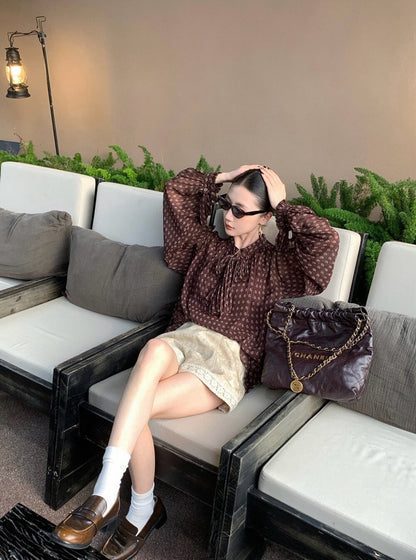 法式復古波點飄帶高級感顯瘦小衫