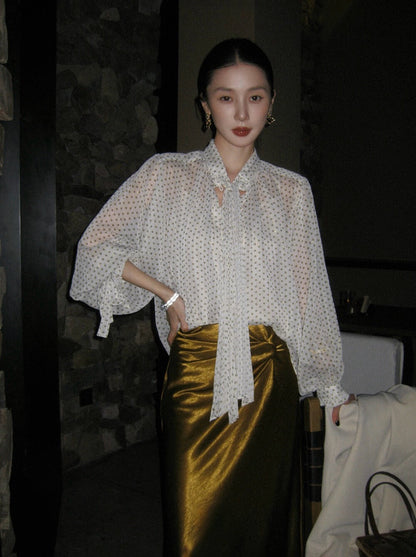 法式復古波點飄帶高級感顯瘦小衫