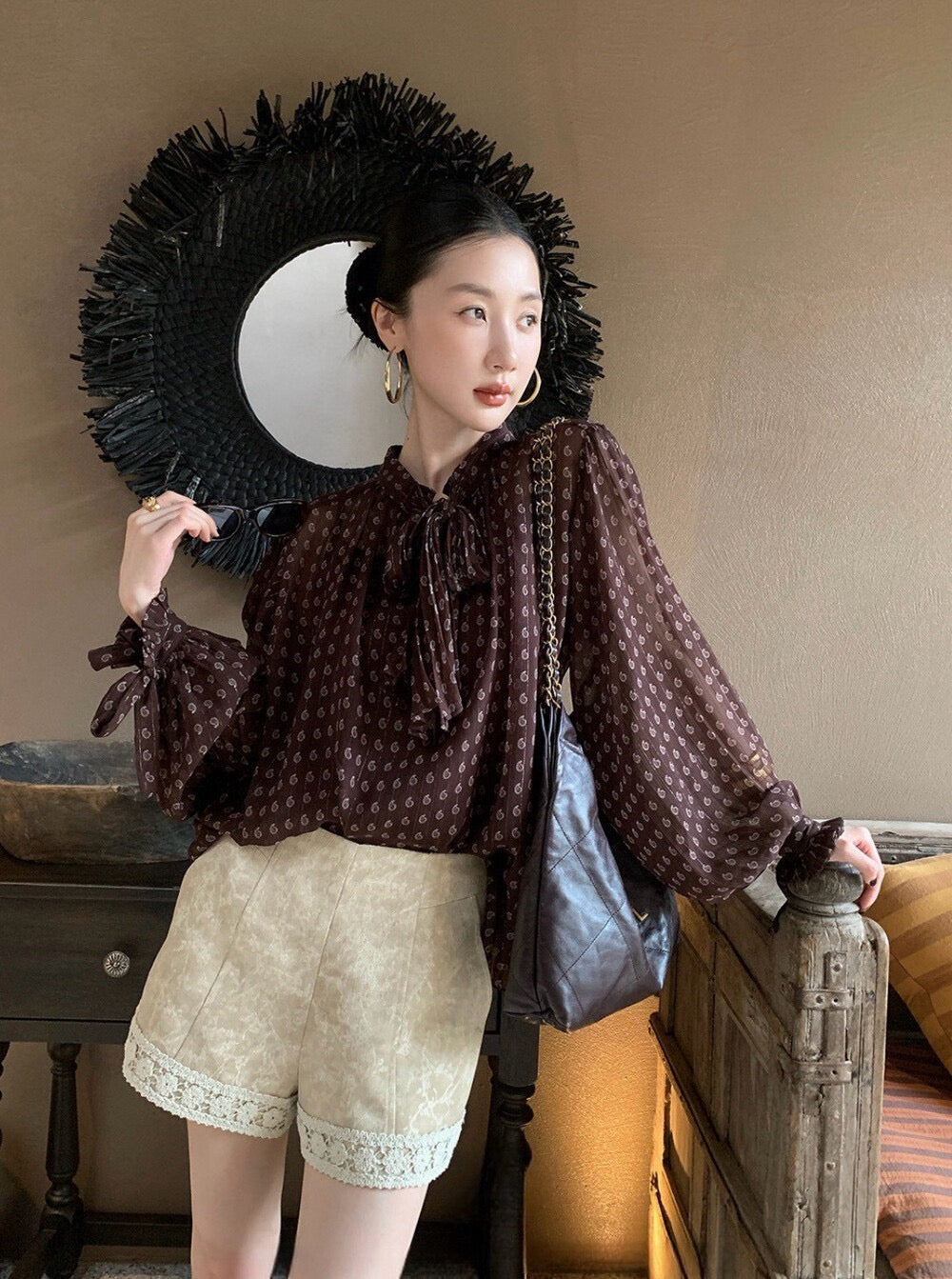 法式復古波點飄帶高級感顯瘦小衫