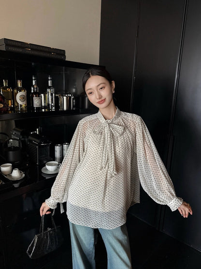 法式復古波點飄帶高級感顯瘦小衫