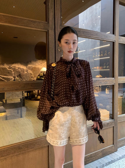 法式復古波點飄帶高級感顯瘦小衫