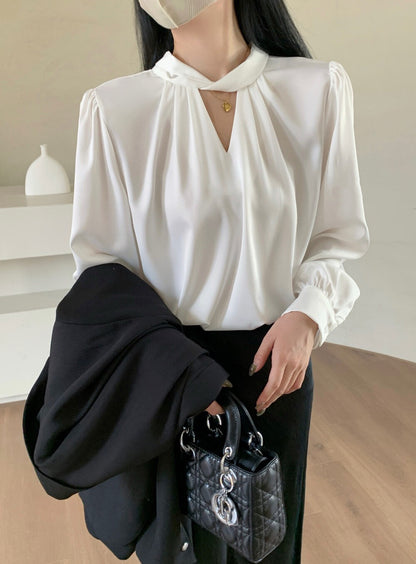 Stylish Satin Round Neck Long Sleeve Blouse