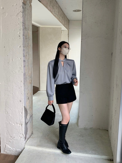 Stylish Satin Round Neck Long Sleeve Blouse