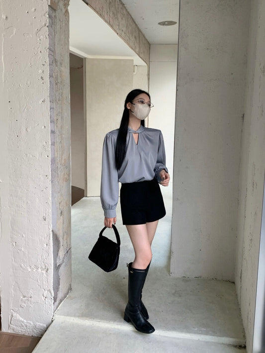 時髦氣質緞面圓領長袖上衣