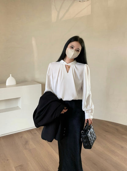 Stylish Satin Round Neck Long Sleeve Blouse