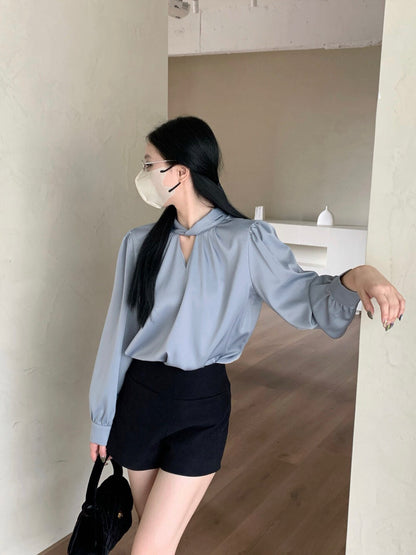 Stylish Satin Round Neck Long Sleeve Blouse