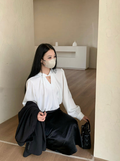 Stylish Satin Round Neck Long Sleeve Blouse