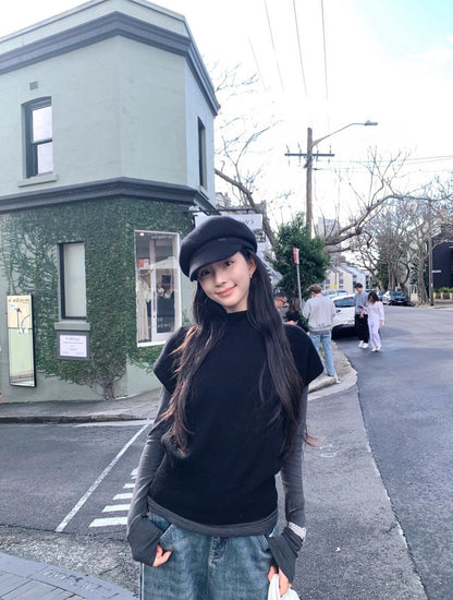 レイヤードスタイルの韓国風シンプルなゆったりとしたスリム見せトップス